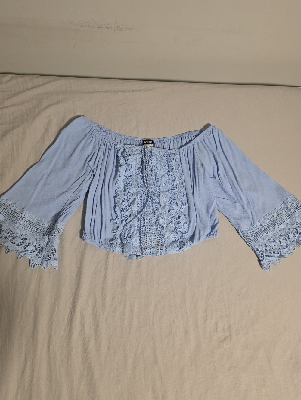 Off-Shoulder Crochet Trim Top - Light Blue